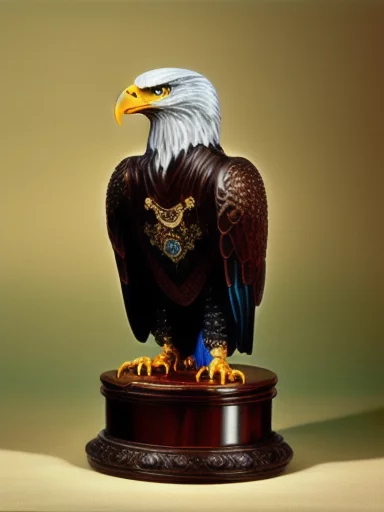 1-Fabergé bald eagle, intricately wrought, standing on a table.webp